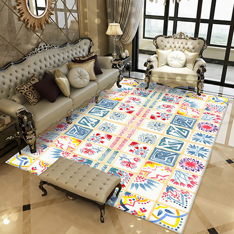 BowLift | Yellow Moroccan carpet Polyester flowers Greek key square pattern rug non-slip rug for bedroom