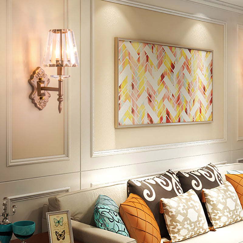 BowLift | Faceted Crystal Wall Light with Conical Shade Modernist 1/2-Light Wall Lamp in Copper for Bedroom