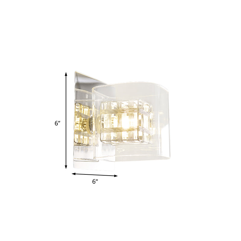BowLift | Clear Glass Square Wall Lamp Contemporary 1 Light Wall Lamp with Inner Wire Shade in Chrome for Hallway