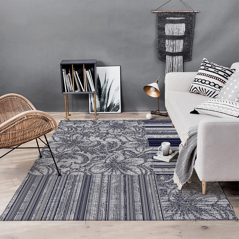 BowLift | Shabby Chic Flower Pattern Rug with Stripes Dark Gray Polyester Rug Machine Washable Non-Slip Rug for the Living Room