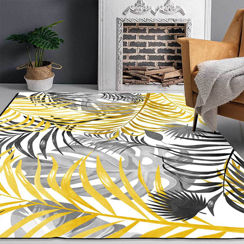 BowLift | Yellow and White Casual Carpet Polyester Leaf Print Carpet Washable Non-Slip Backing Rug for Living Room