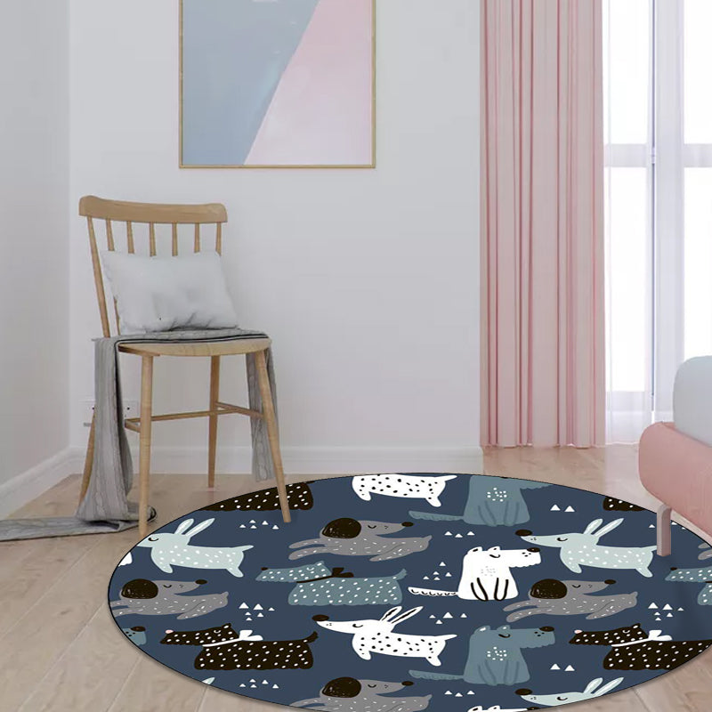 BowLift | Casual Kids Carpet in Blue Animal Rabbit Dog Pattern Carpet Polyester Stain Resistant Washable Carpet for the Children's Room