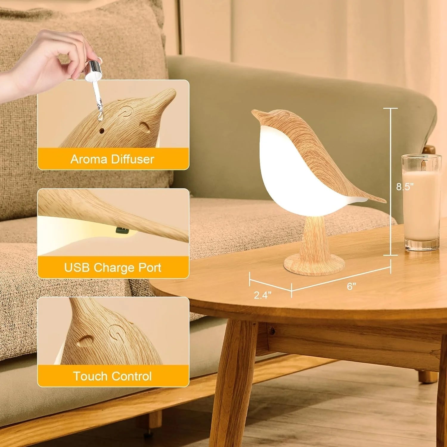 BowLift | Touch-Control Wooden Bird Night Light - Rechargeable LED Bedside Lamp
