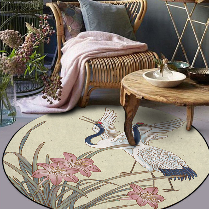 BowLift | Yellow Eastern Carpet Polyester Flower and Crane Pattern Carpet Washable Non-Slip Back Mat for the Living Room