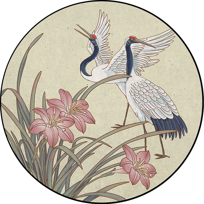 BowLift | Yellow Eastern Carpet Polyester Flower and Crane Pattern Carpet Washable Non-Slip Back Mat for the Living Room