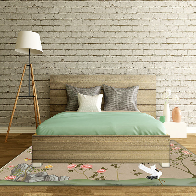 BowLift | Vintage Floral Pattern Carpet with Bird and Leaf Khaki Polyester Carpet Machine Washable Non-Slip Area Rug for Living Room