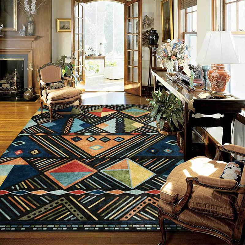 BowLift | Blue multicolored tribal rug polyester geometric and striped pattern rug washable non-slip backing rug for living room