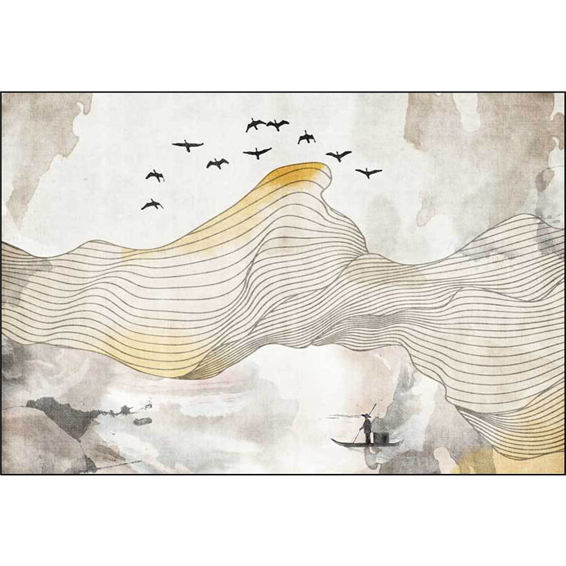 BowLift | Vintage Swirl Stripe pattern rug with bird and character yellow polyester rug machine washable non-slip rug for the bedroom