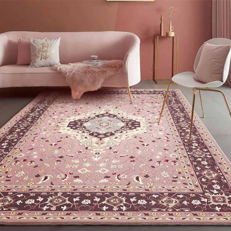BowLift | Pink Mediterranean Carpet Polyester Medallion and Floral Pattern Carpet Washable Non-Slip Back Carpet for Living Room
