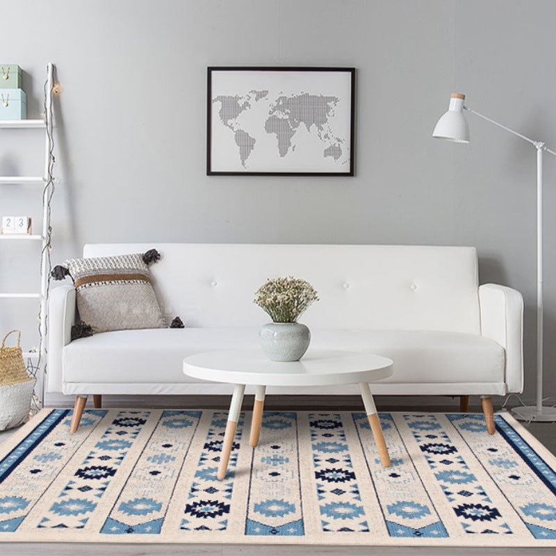 BowLift | Blue and brown tribal rug striped polyester and tribal pattern rug washable non-slip backing rug for living room