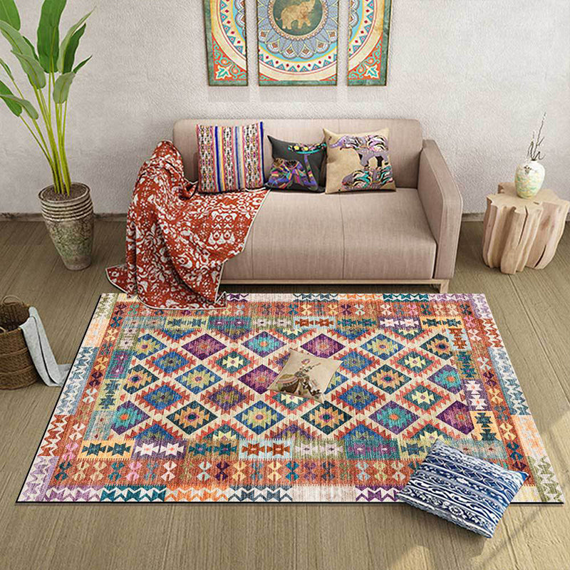 BowLift | Yellow Persian Carpet Polyester Geometric and Check Pattern Carpet Washable Non-Slip Backing for Living Room