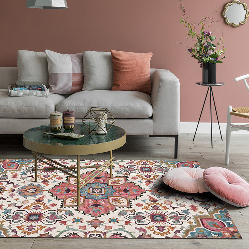 BowLift | Pink Mediterranean Carpet Polyester Flower and Medallion Pattern Carpet Washable Non-Slip Back Carpet for Living Room