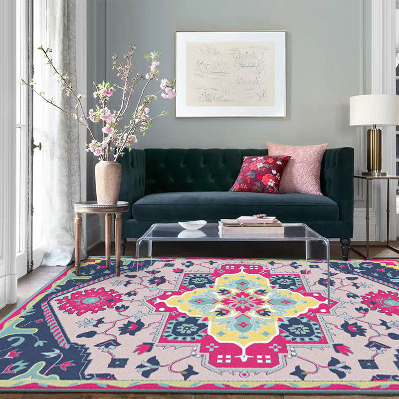 BowLift | Pink and Blue Mediterranean Carpet Polyester Medallion Pattern Carpet Washable Non-Slip Backing Carpet for Living Room