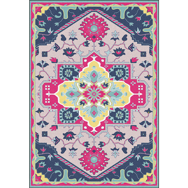 BowLift | Pink and Blue Mediterranean Carpet Polyester Medallion Pattern Carpet Washable Non-Slip Backing Carpet for Living Room