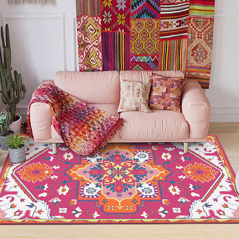 BowLift | Pink and Blue Mediterranean Carpet Polyester Medallion Pattern Carpet Washable Non-Slip Backing Carpet for Living Room