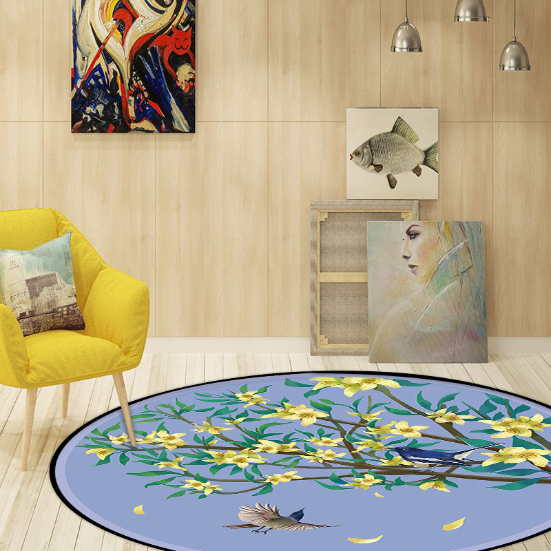 BowLift | Unique Flower Pattern Carpet with Bird and Leaf Purple and Yellow Oriental Carpet Polyester Washable Non-Slip Back Area Rug for Bedroom