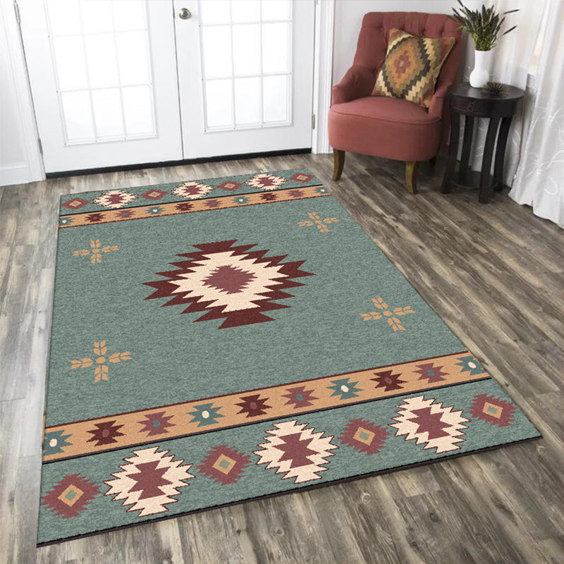 BowLift | Green Tribal Rug Polyester Tribal Pattern Rug Washable Non-Slip Underlay Rug for the Living Room