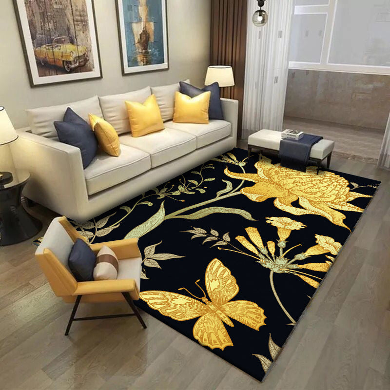 BowLift | Black and Yellow Vintage Carpet Polyester Floral and Leaf Pattern Carpet Washable Non-Slip Back Carpet for Living Room