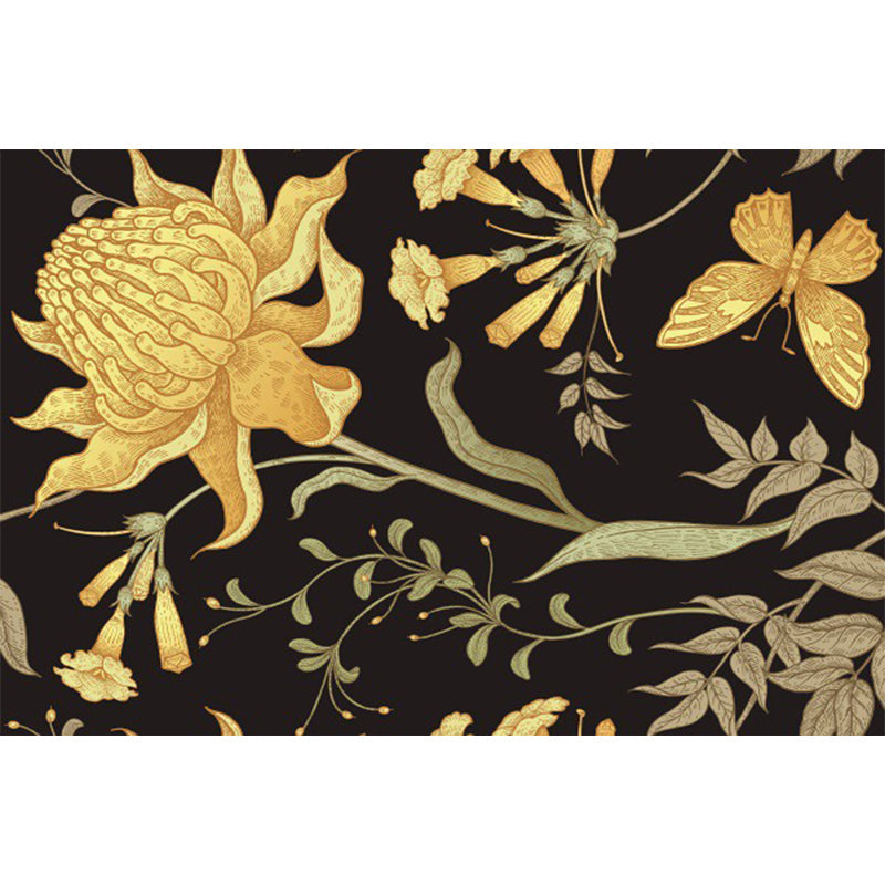 BowLift | Black and Yellow Vintage Carpet Polyester Floral and Leaf Pattern Carpet Washable Non-Slip Back Carpet for Living Room