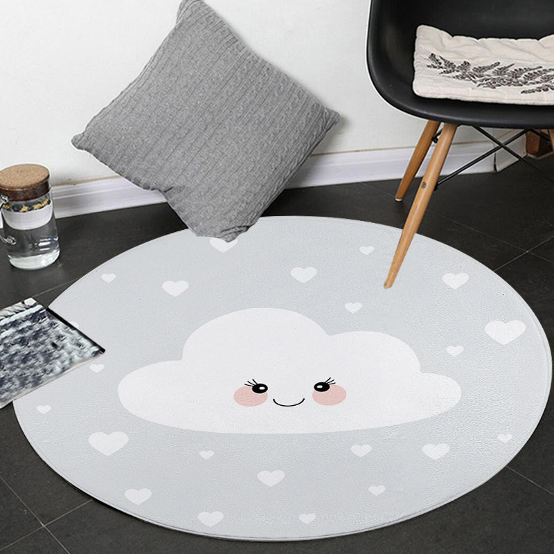 BowLift | Children's Room Rug in Gray Fairy Tale Clouds Heart Print Rug Polyester Stain Resistant Non-Slip Area Rug