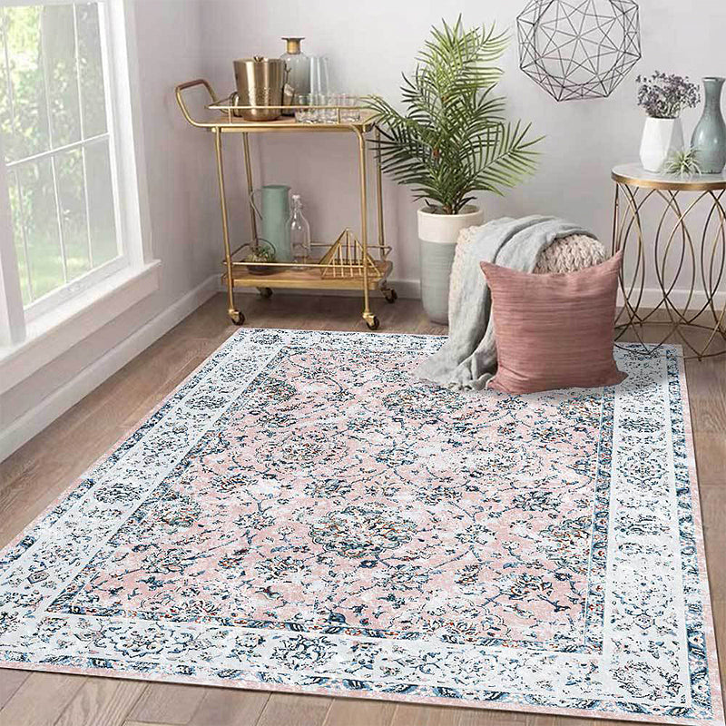 BowLift | Shabby Chic Floral Pattern Rug Light Pink and Blue Polyester Rug Machine Washable Non-Slip Area Rug for Bedroom