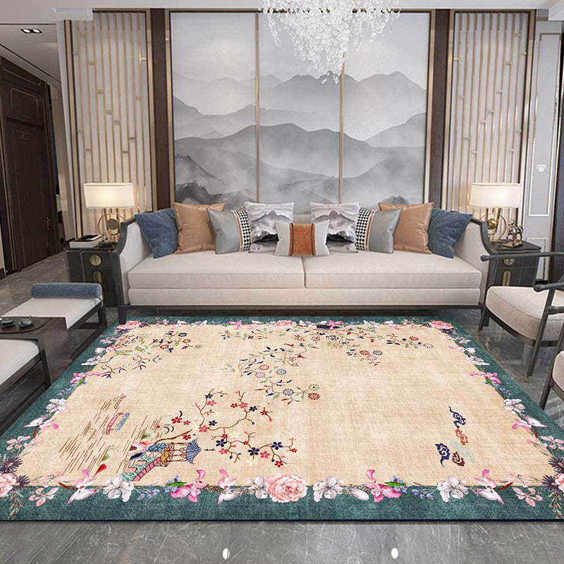 BowLift | Light brown vintage carpet made of polyester with floral pattern, washable, non-slip back, carpet for the living room