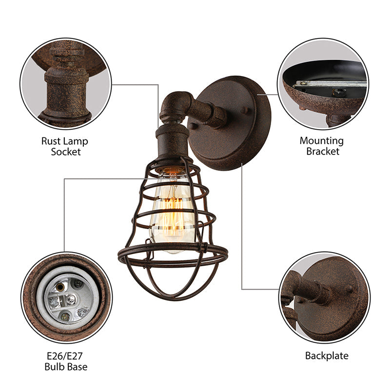 BowLift | Wire Frame Iron Wall Lamp with Pipe Farmhouse 1 Head Dining Room Mini Wall Lamp in Rust