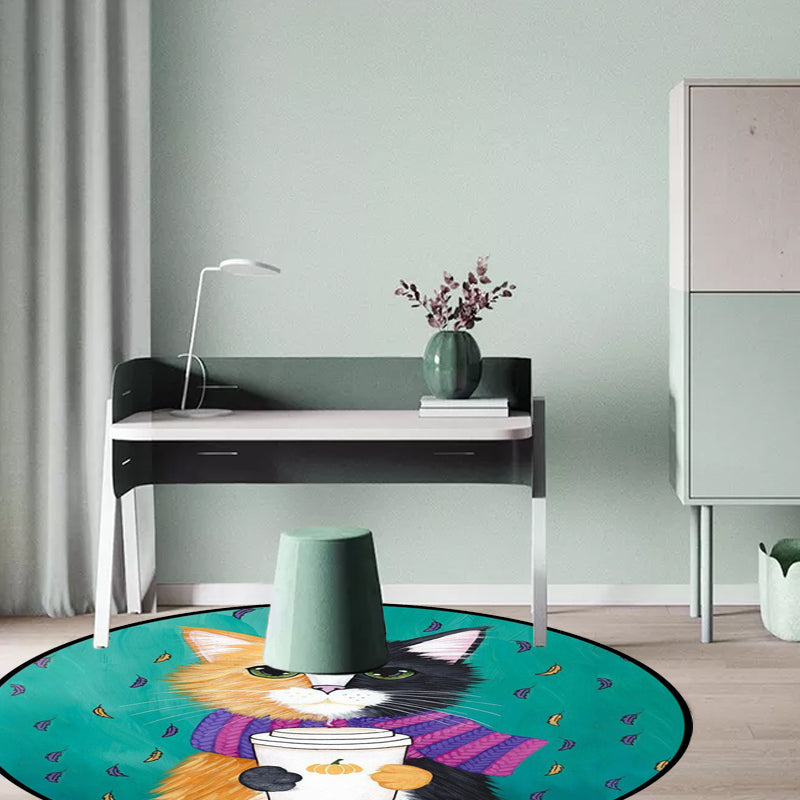 BowLift | Blue and Green Children's Room Rug Children's Animal Dress Cat Leaf Pattern Rug Polyester Washable Rug