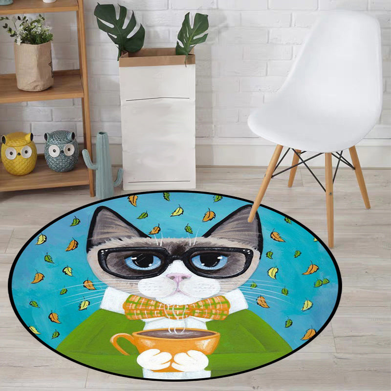 BowLift | Blue and Green Children's Room Rug Children's Animal Dress Cat Leaf Pattern Rug Polyester Washable Rug