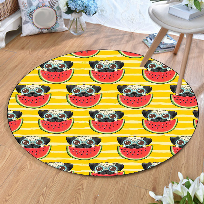 BowLift | Yellow and Pink Children's Room Rug Children Animal Dog Watermelon Leaf Pattern Carpet Polyester Washable Rug
