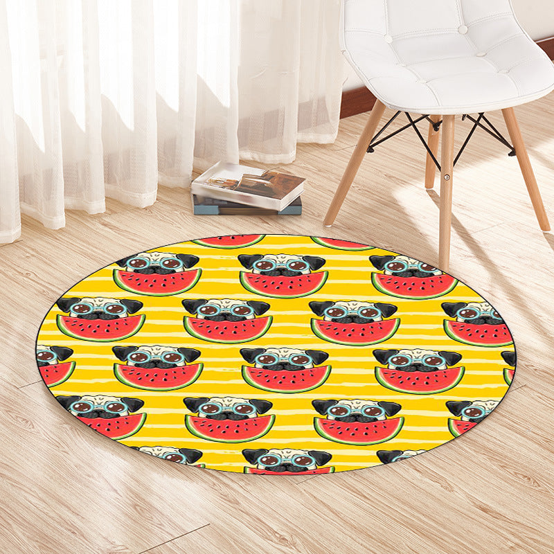 BowLift | Yellow and Pink Children's Room Rug Children Animal Dog Watermelon Leaf Pattern Carpet Polyester Washable Rug