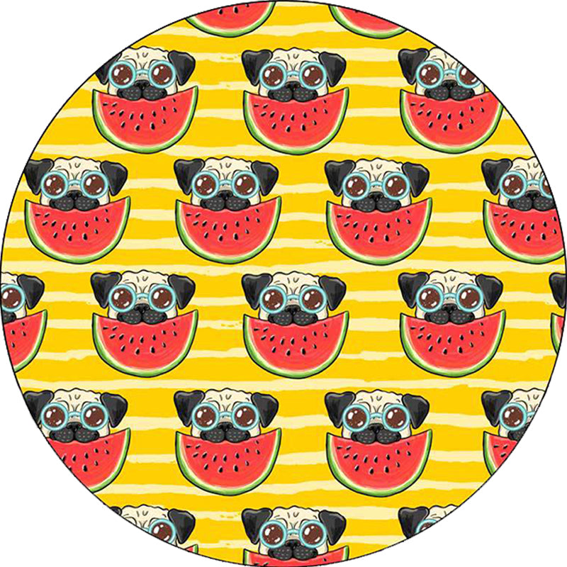 BowLift | Yellow and Pink Children's Room Rug Children Animal Dog Watermelon Leaf Pattern Carpet Polyester Washable Rug