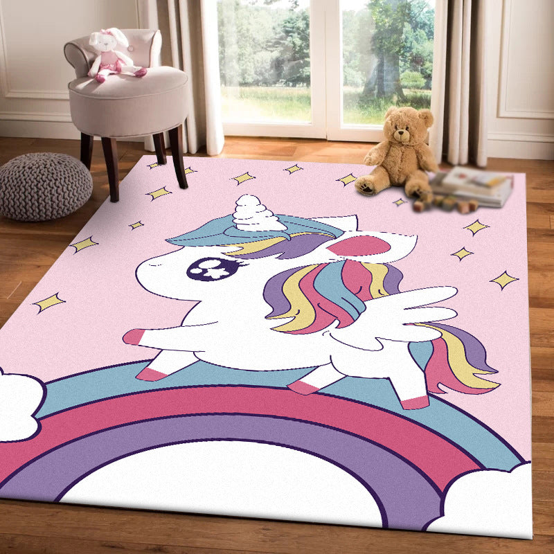 BowLift | Pink Children's Room Carpet Children Animal Unicorn Rainbow Pattern Rug Polyester Non-Slip Backing Carpet