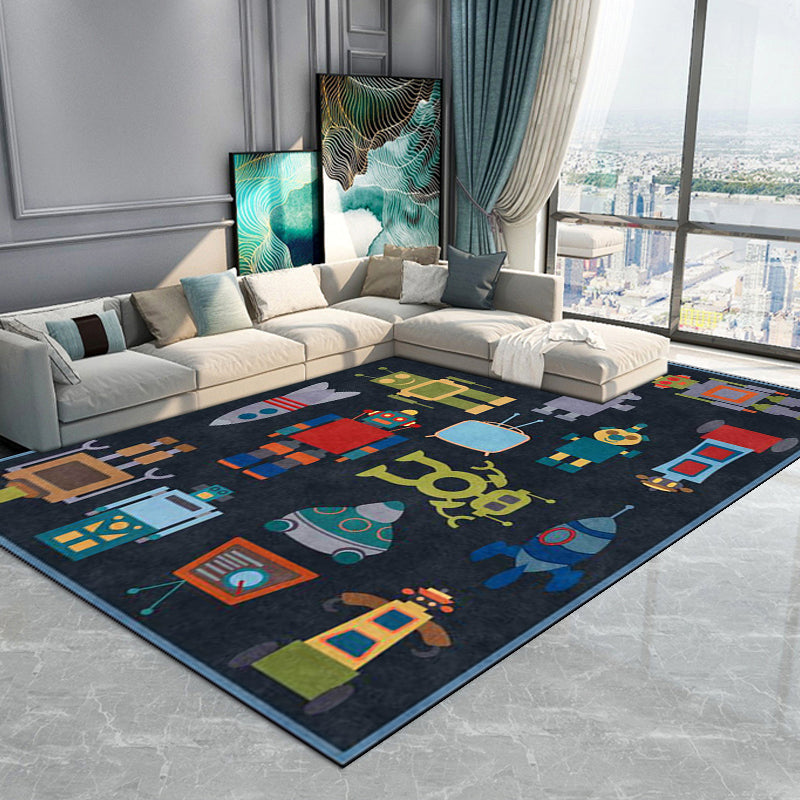 BowLift | Unique Children's Carpet in Blue Extraterrestrial Robot Rocket Pattern Carpet Polyester Non-slip Underlay Carpet for Children's Room