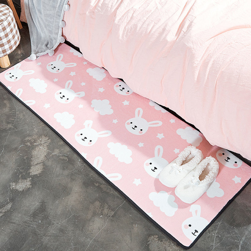BowLift | Children's Room Rug in White and Pink Animal Bear Rabbit Swan Print Rug Polyester Stain-Resistant Area Rug