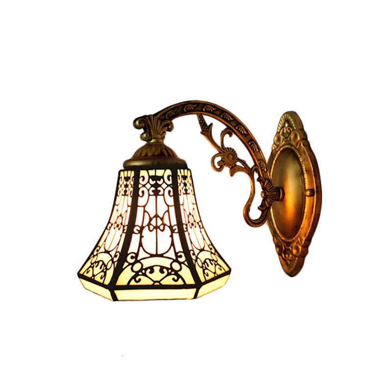 BowLift | Stained Glass Wall Lamp with Aged Brass Curved Arm 1 Light Lodge Wall Mount Lamp