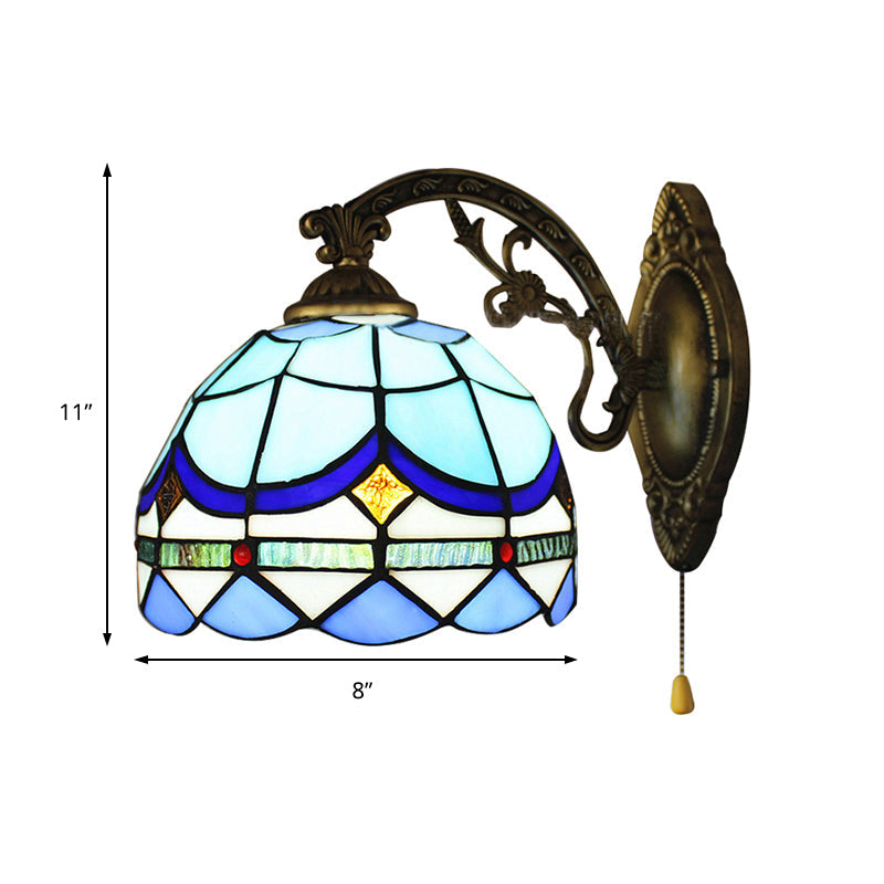 BowLift | 1 Light Dome Wall Lamp with Pull Chain Baroque Style Stained Glass Wall Lantern Light in Sky Blue/Navy Blue