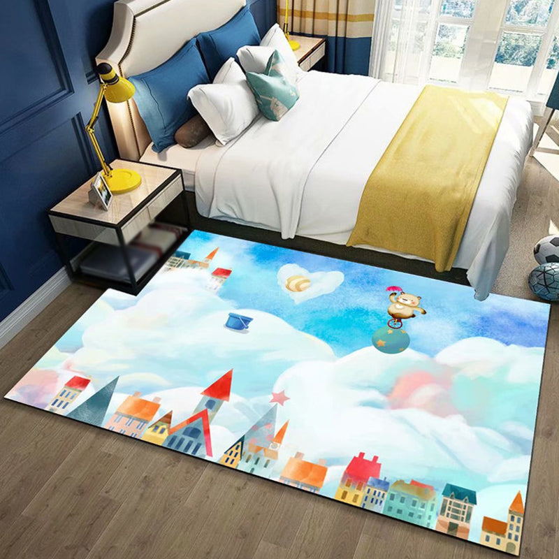 BowLift | Beautiful Children's Rug in Blue and Pink with Fairy Tale Castle Balloon Pattern Rug Polyester Washable Rug for the Children's Room