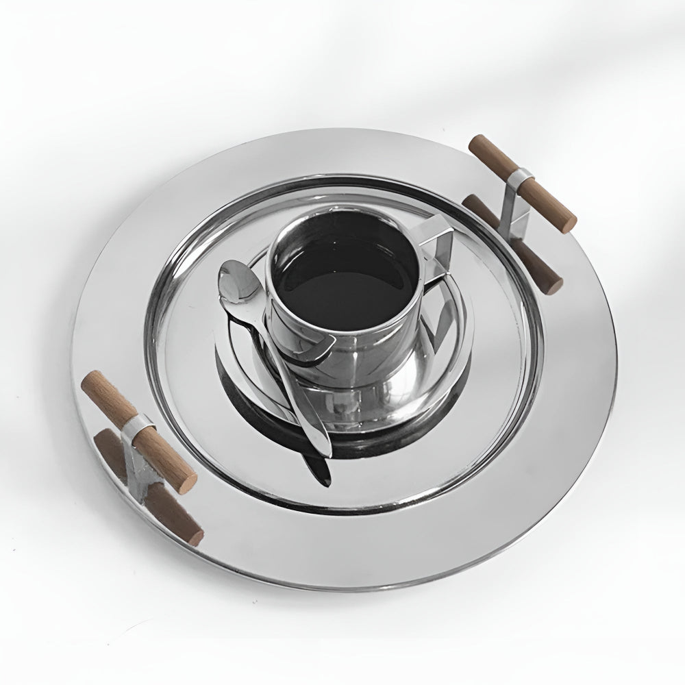 BowLift | Elegant Stainless Steel Round Tray with Wooden Handles