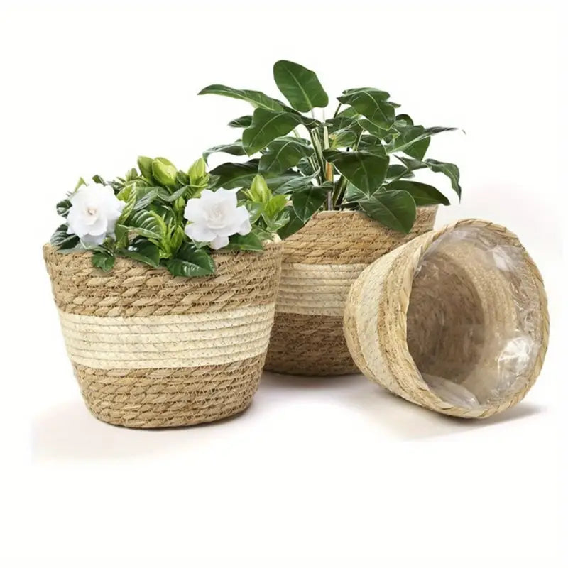BowLift | Decorative plant baskets made of seagrass in a set of 3 – Handwoven flower pots with foil insert