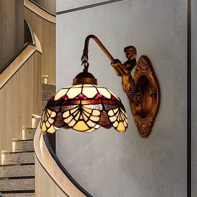 BowLift | 1 Head Scalloped Dome Wall Lamp Tiffany Gold Cut Glass Wall Lamp with Mermaid/Swinging Arm
