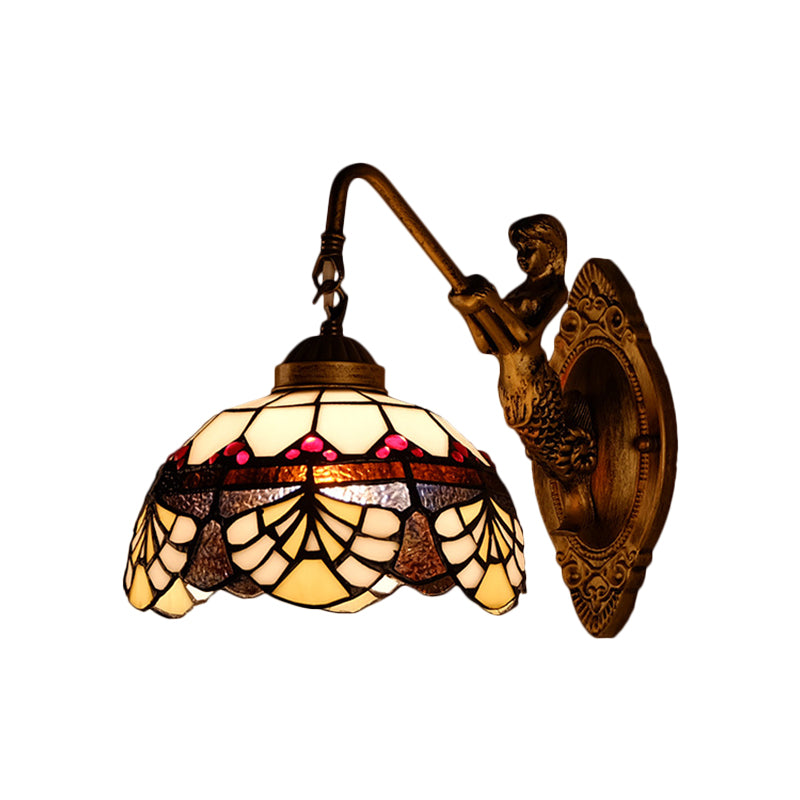 BowLift | 1 Head Scalloped Dome Wall Lamp Tiffany Gold Cut Glass Wall Lamp with Mermaid/Swinging Arm