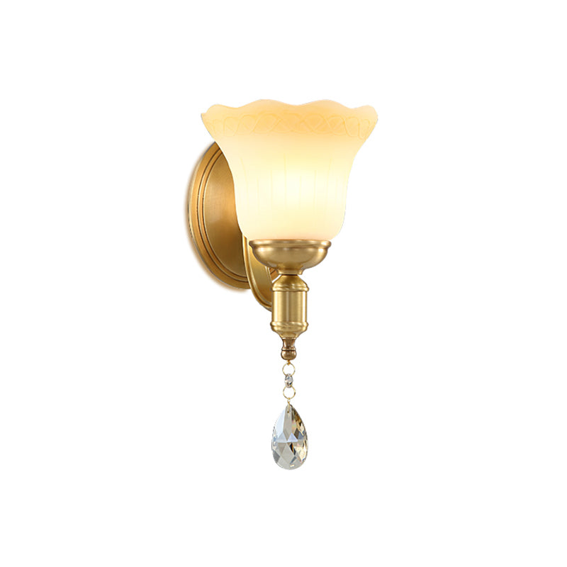 BowLift | Blossom Opaque Glass Wall Lamp Retro Style 1/2-Cup Gold Wall Lighting Ideas with Crystal Drop
