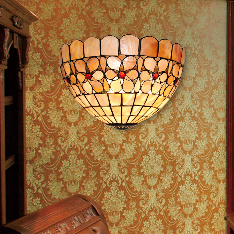 BowLift | 1 Light Floral Wall Lamp Tiffany Shell Wall Mount Light in Beige for Stairs