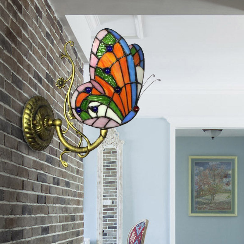 BowLift | 1 Light Mini Wall Lamp with Butterfly Rustic Loft Style Yellow Glass Wall Mount Light in Blue/Orange