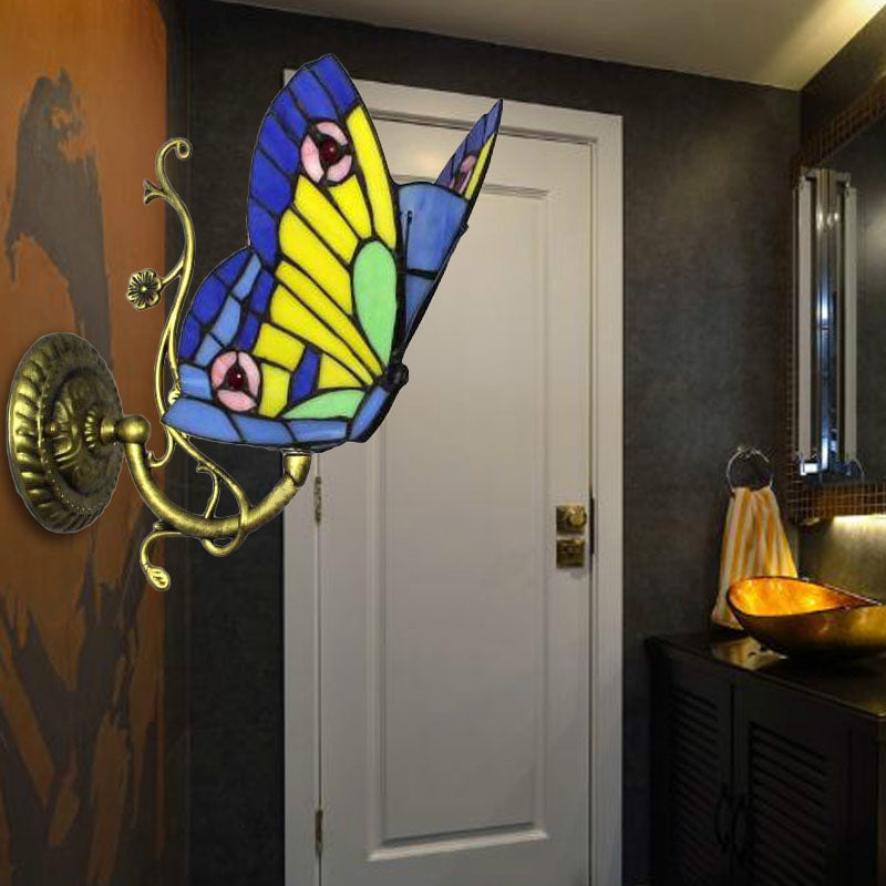BowLift | 1 Light Mini Wall Lamp with Butterfly Rustic Loft Style Yellow Glass Wall Mount Light in Blue/Orange