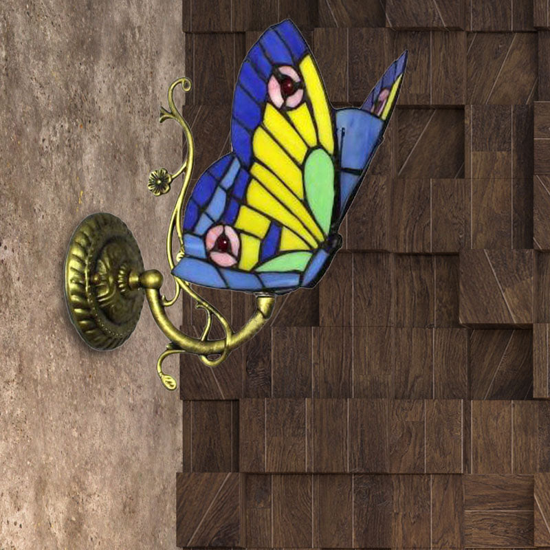 BowLift | 1 Light Mini Wall Lamp with Butterfly Rustic Loft Style Yellow Glass Wall Mount Light in Blue/Orange