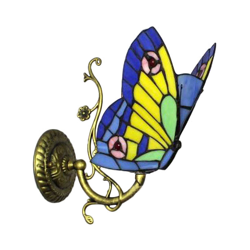 BowLift | 1 Light Mini Wall Lamp with Butterfly Rustic Loft Style Yellow Glass Wall Mount Light in Blue/Orange