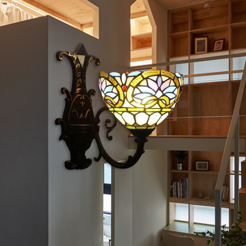 BowLift | 1 Light Ball Lamp Victorian Faceted Glass Up/Down Wall Lighting with Curved Arm in Brass