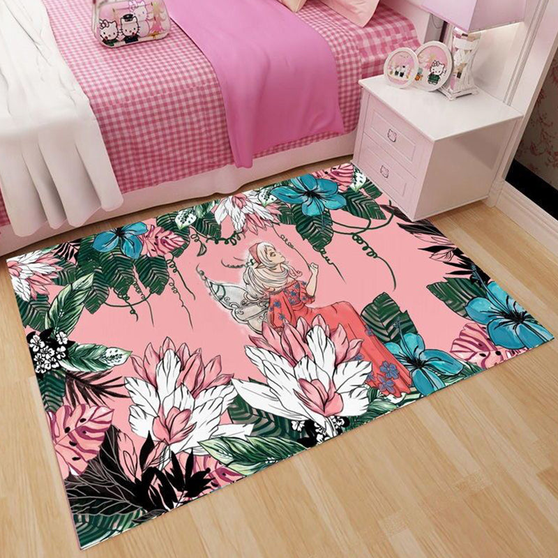 BowLift | Pink and Green Children Rug Polyester Cartoon Character Pattern Rug Pet-Friendly Washable Non-Slip Backing Rug for Decoration